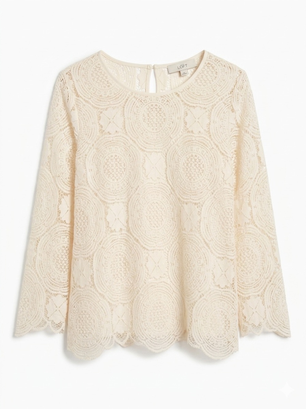 LOFT Women’s Boho Sheer Lace Medallion Top Ivory Scalloped Coquette Size Large